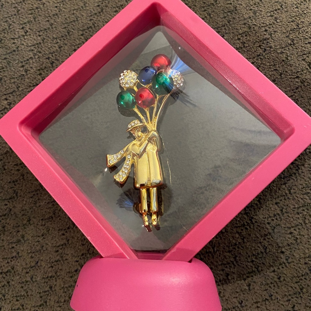 Vintage Brooch Man Lifted by Rhinestones and Colorful Balloon. Case included.